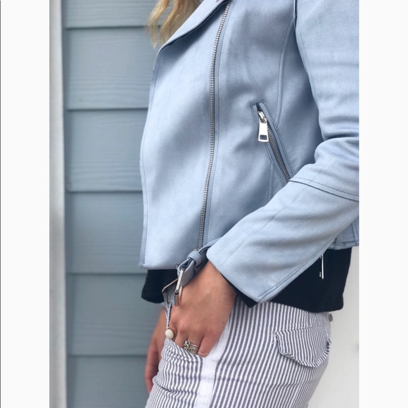 light blue faux suede biker jacket